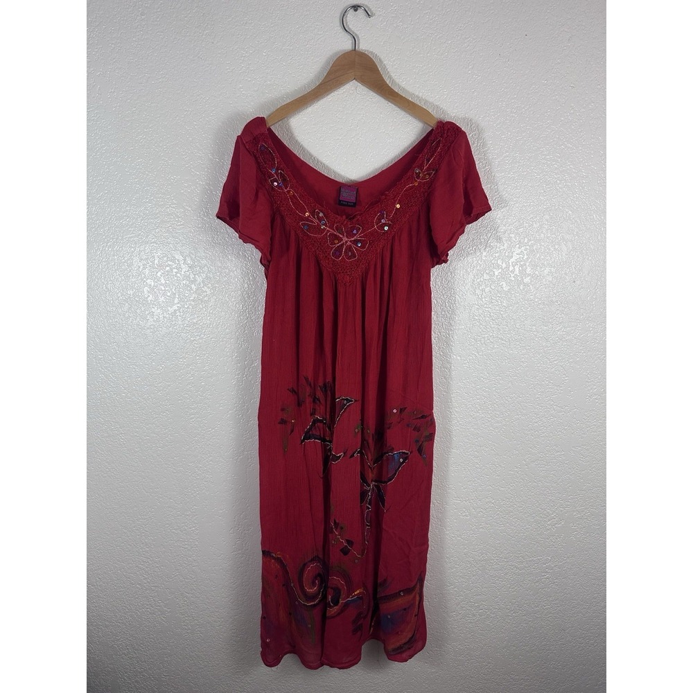 California Woman Red Butterfly Embroidered Sequin Boho Maxi Dress Free Size